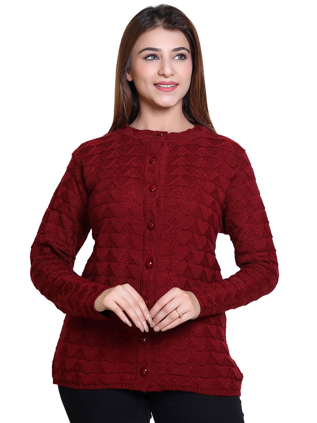 Varenyam Women Maroon Designer Woolen Long Cardigan