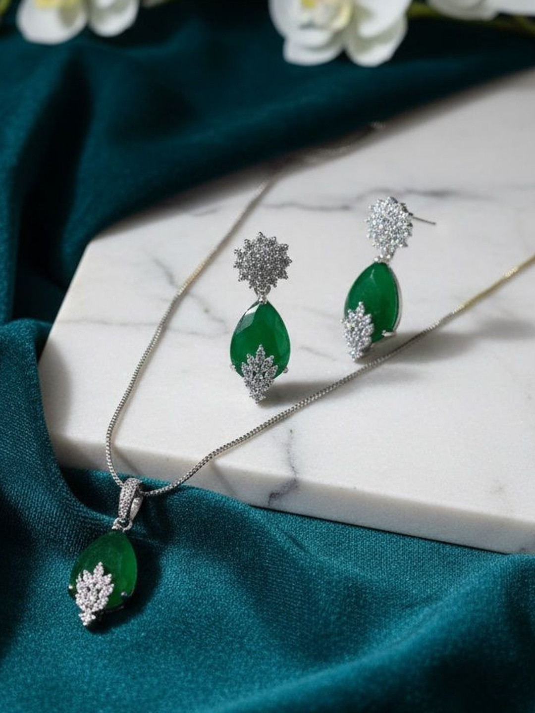 Archi Collection Silver-Plated Artificial Stones Studded Pendant And Earrings