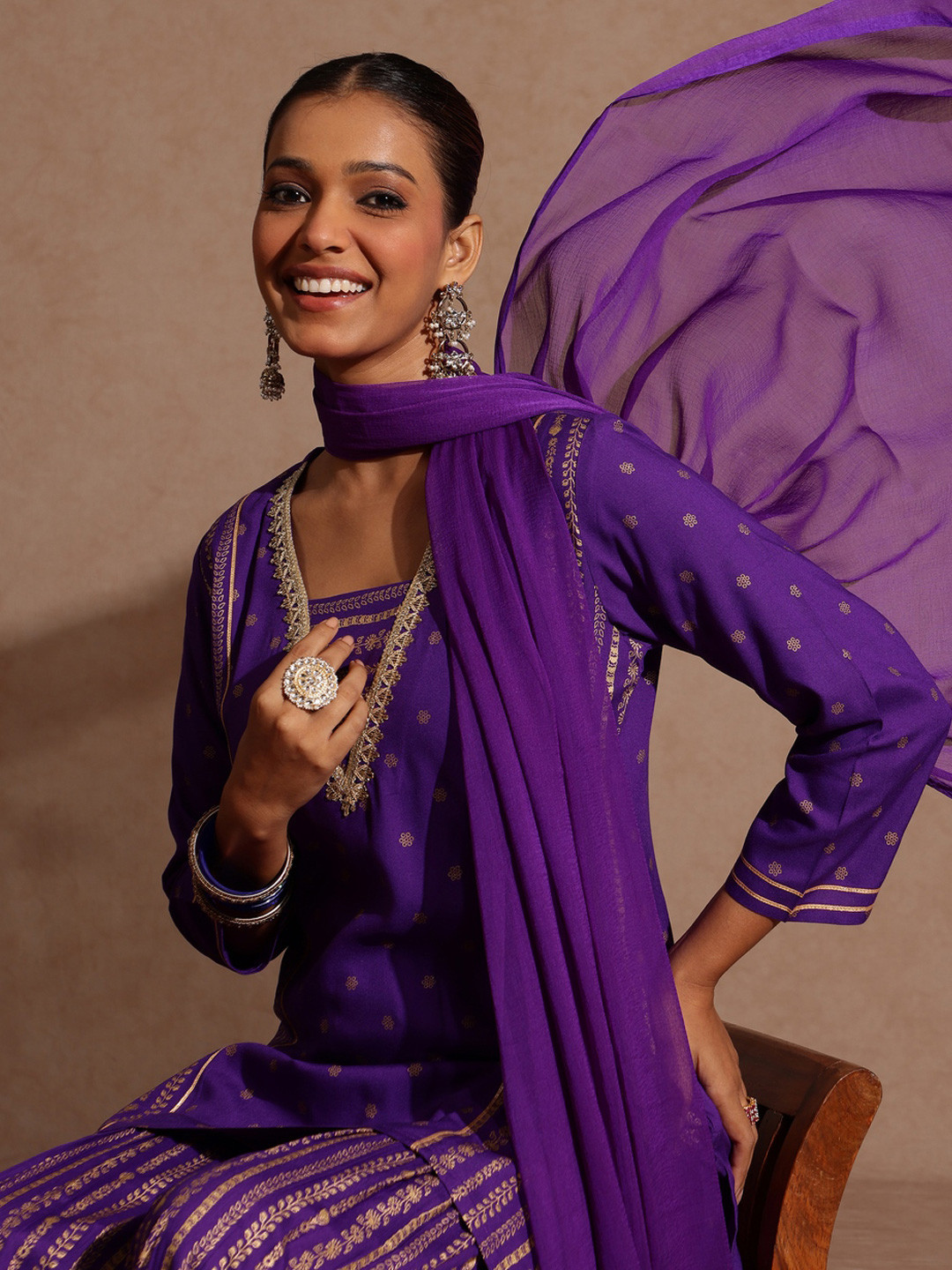 Janasya Women's Purple Rayon Gold Printed Short Kurti With Sharara & Dupatta Set