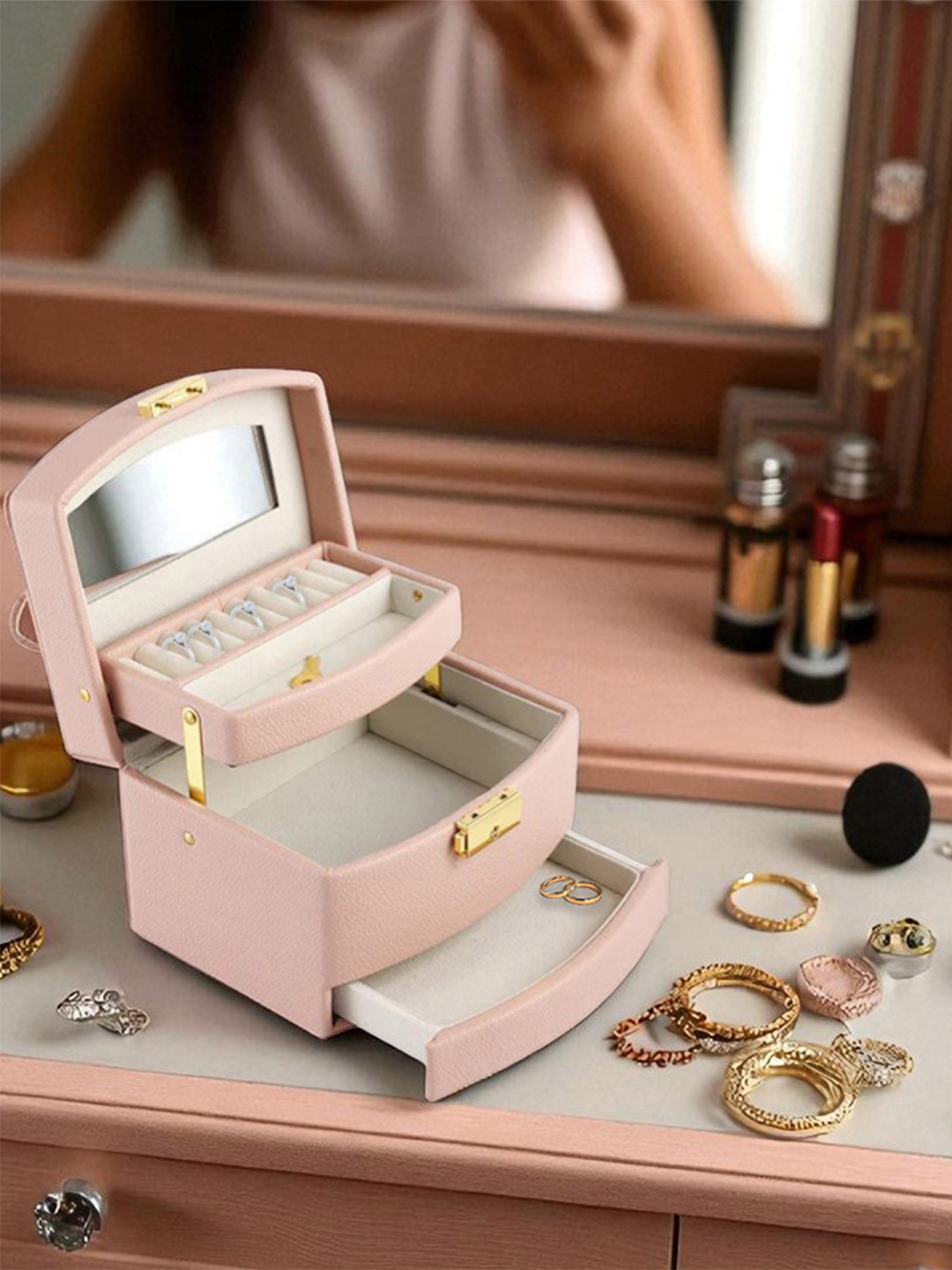 AARVI DECOR STUDIO Pink Synthetic Leather Jewellery Organiser