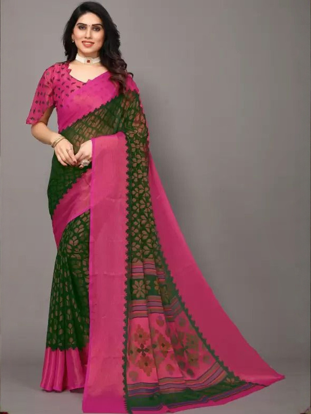 GHAN SALS Floral Printed Brasso Mysore Silk Saree