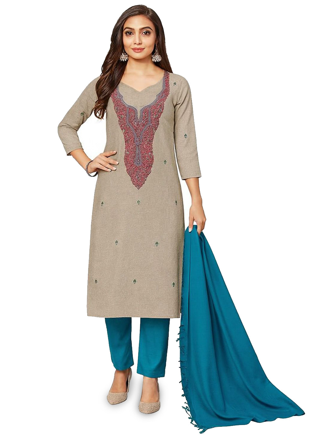 Vrinde Green & Grey Wool Embroidered Salwar Suit Stole Material
