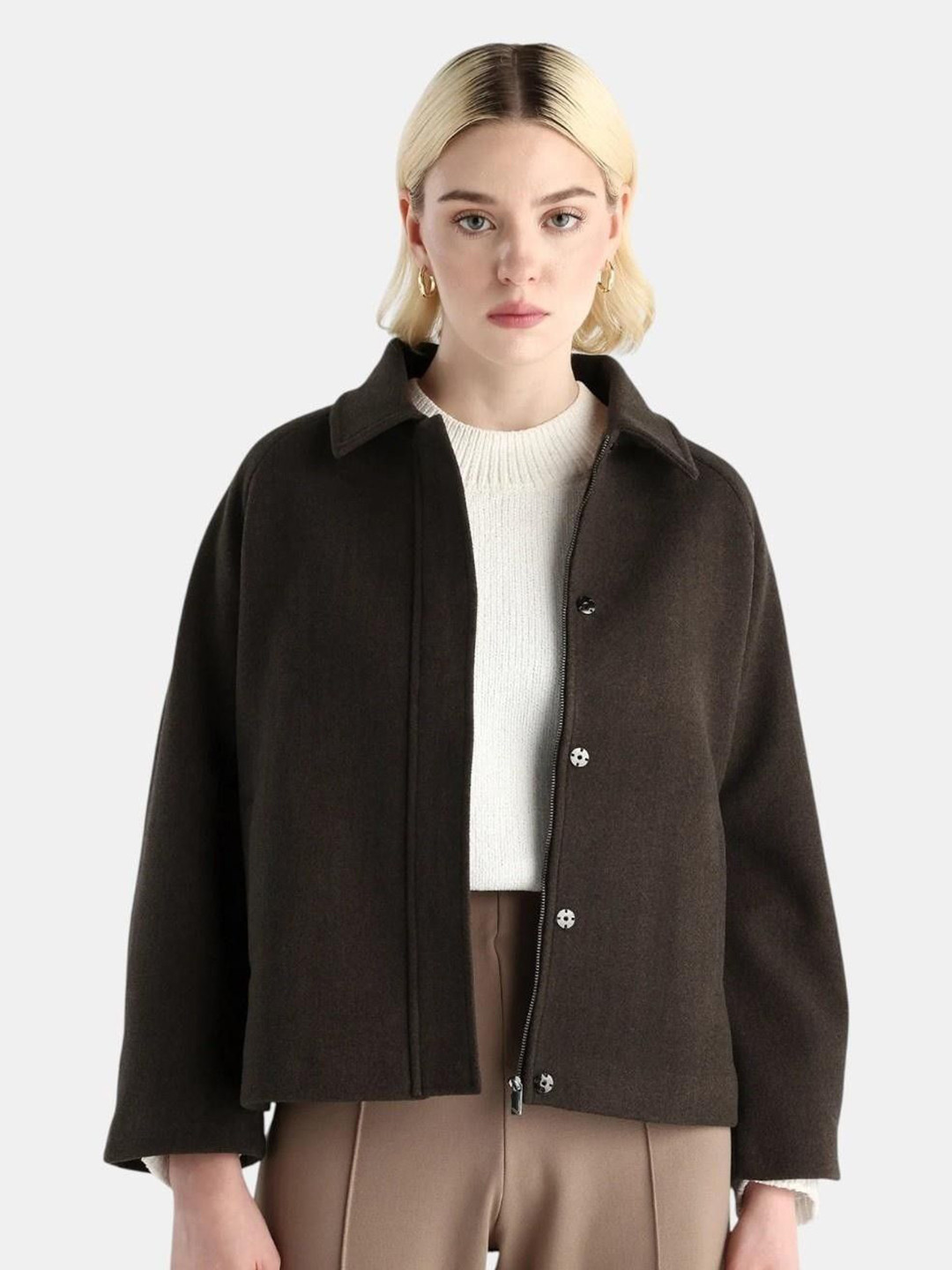 Rareism Women Nicos Coffee Polyester Blend Fabric Collared Neck Jacket