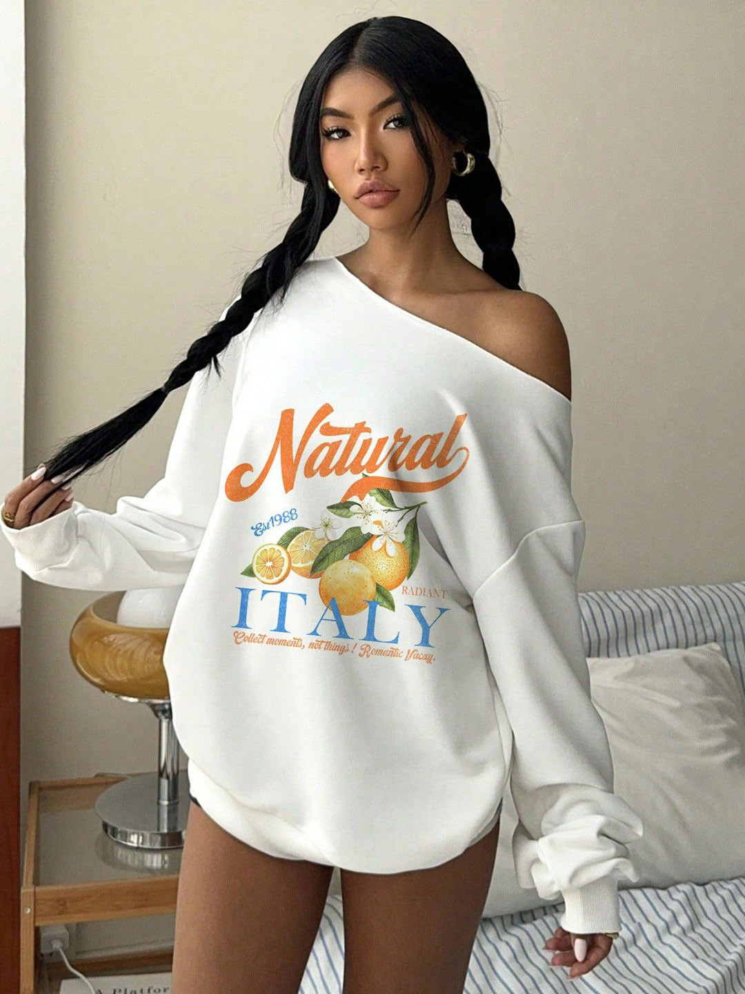 SXV STYLE Women Graphic Printed Off Shoulder Cotton Fleece inside Pullover Sweatshirt