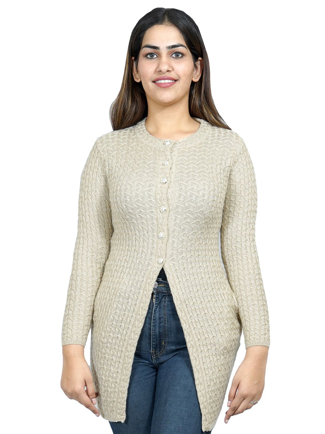 Varenyam Women Skin Solid Acrylic Round Neck Long Sleeves Long Sweater