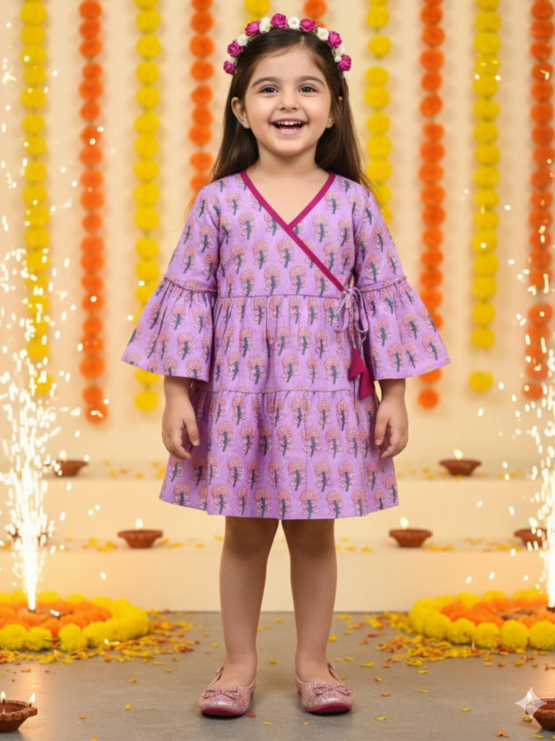 Sangria Infant Girls Boota Printed Bell Sleeves Pure Cotton Wrap Dress