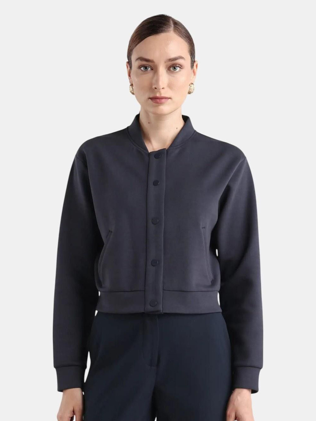 Rareism Women Cotton Blend Stand Collar Regular Fit Bomber Jacket