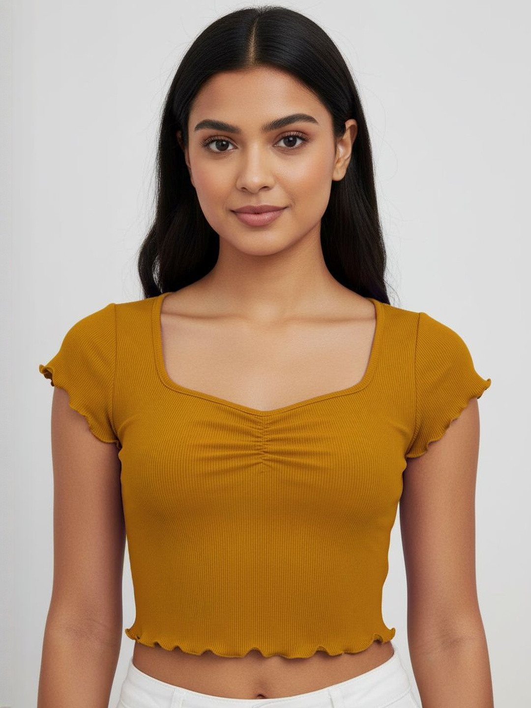 Yellow Ribbed Sweetheart Neck Crop Top