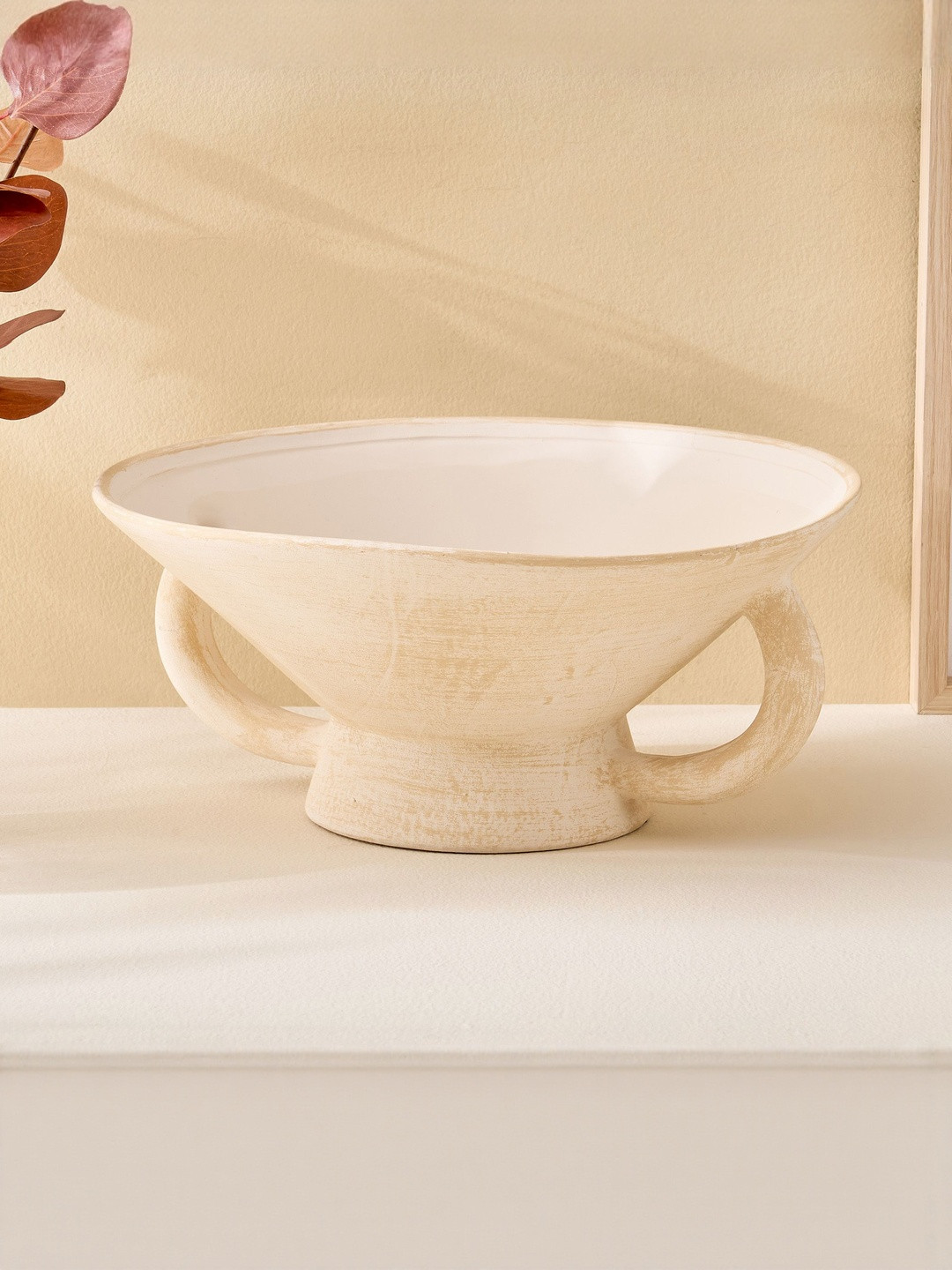 Home Centre Fawn Pottery Beige Ceramic Decorative Bowl with Handles