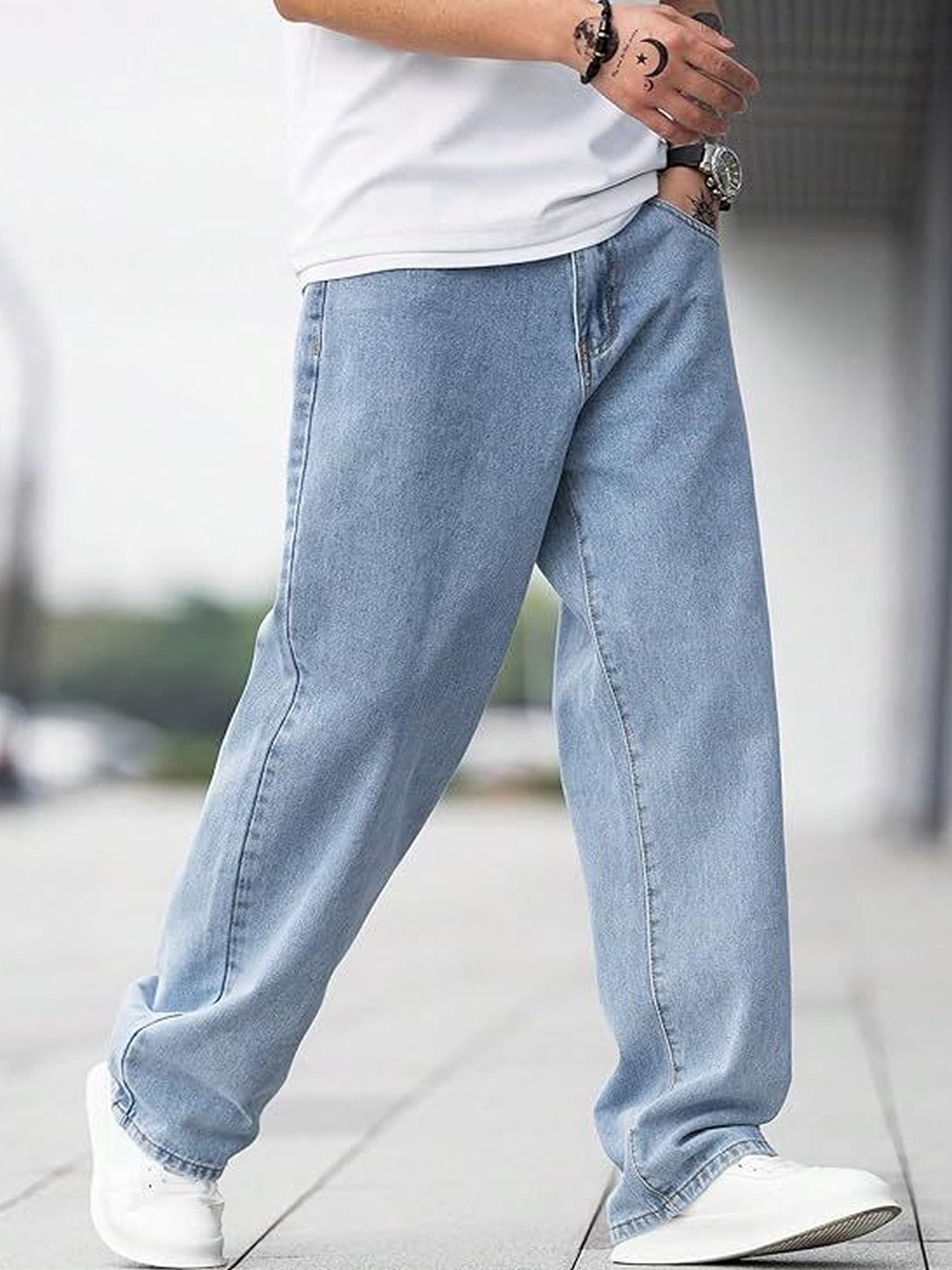 FALKRA Men Baggy Mid-Rise Light Fade Stretchable Jeans