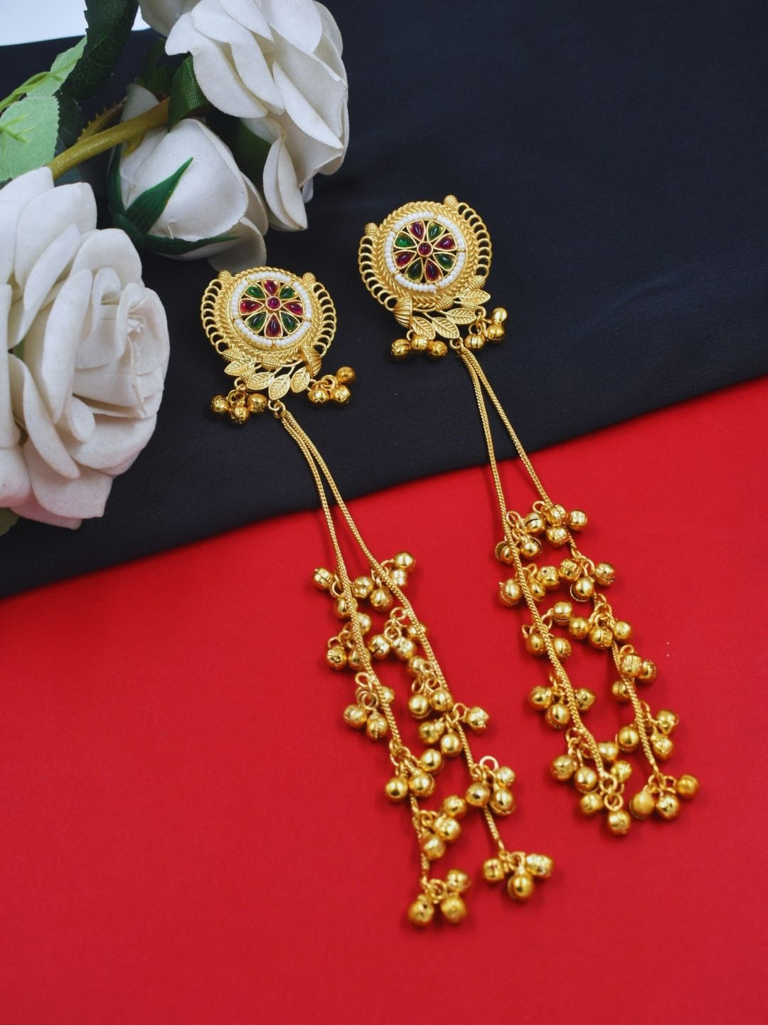 J & C Fashion Arena Kashmiri Gold-Plated Stones Studded & Beaded Circular Drop Earrings