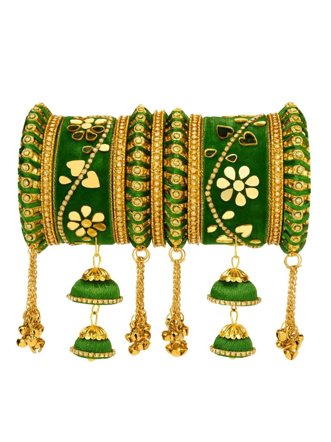 I Jewels Women Set Of 10 Gold-Plated Velvet Bangles with  Kundan Work & Latkan