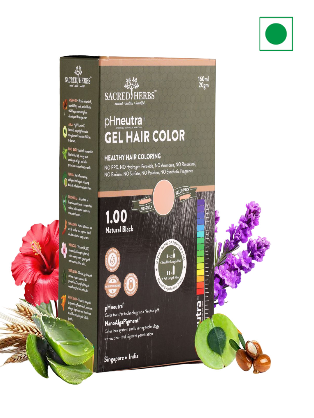 SACRED HERBS pH Neutra Semi Permanent Natural Gel Hair Color 160ml - Natural Black 1.00