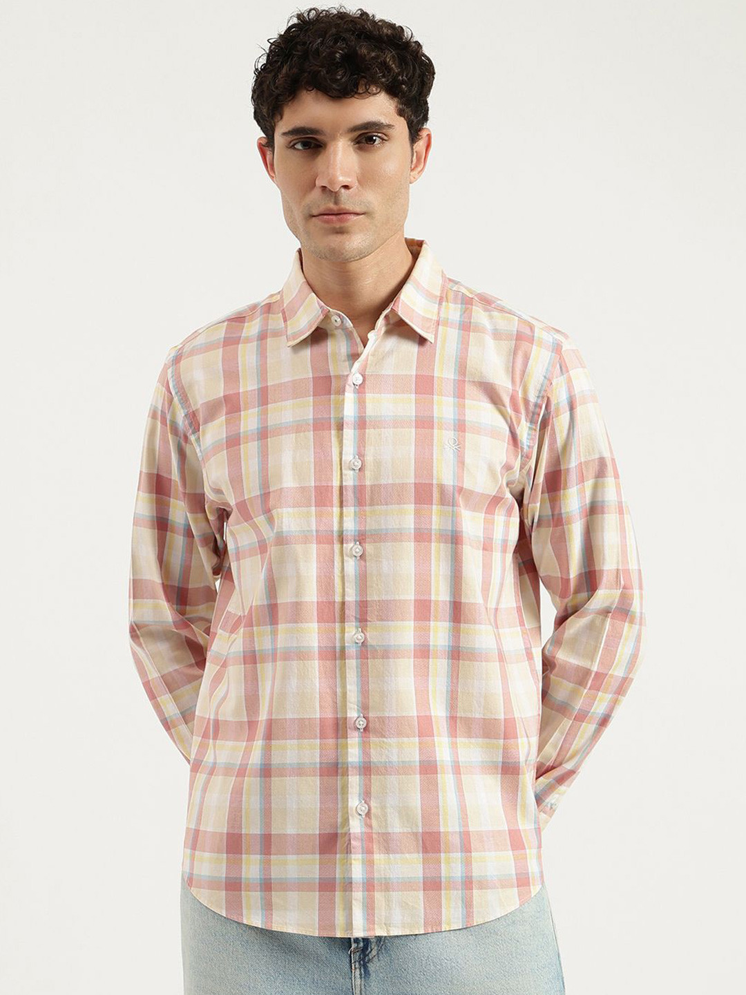 United Colors of Benetton Men Tartan Checked Spread Collar Cotton Casual Shirt