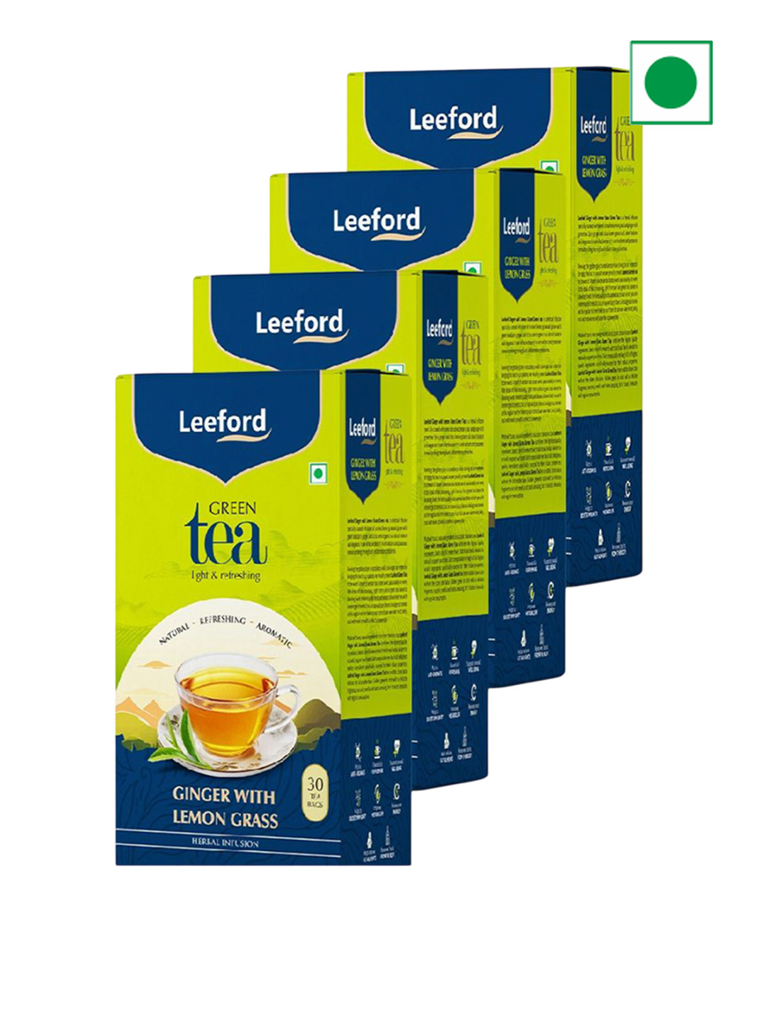 Leeford Pack of 4 Ginger Lemongrass Green Tea for Refreshing & Immunity Boosting 30Bags