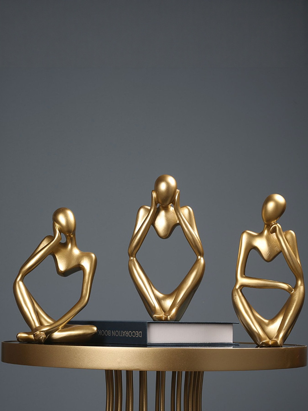 Flenzy Gold-Toned 3 Pieces Statue Modern Art Sitting Sculpture Figurine Showpieces