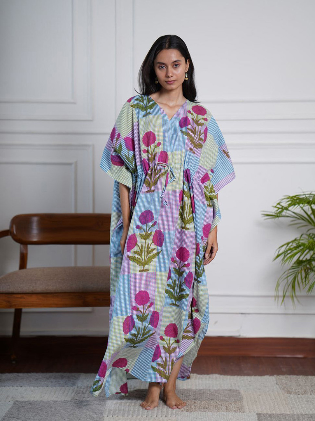The Quince Life Women Floral Printed Kimono Sleeve Ghingham Kaftan Maxi Dress