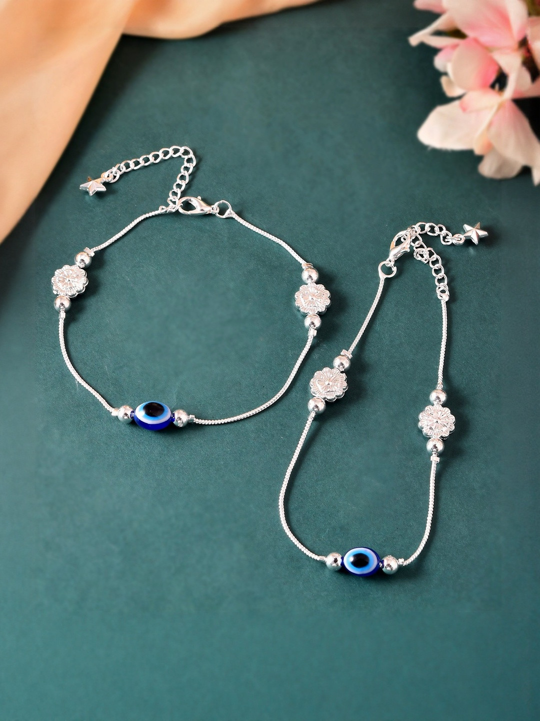 VOJ Set Of 2 Stainless Steel Silver-Plated Artificial Beaded Evil Eye Anklet