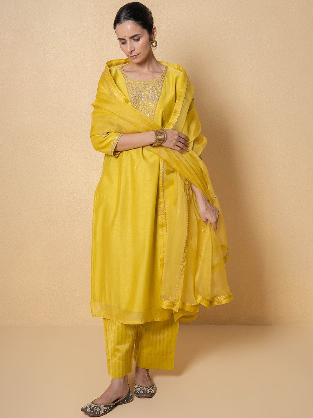 Kameez by Pooja Kejriwal Floral Yoke Design Sequinned Chanderi Silk Kurta With Trousers