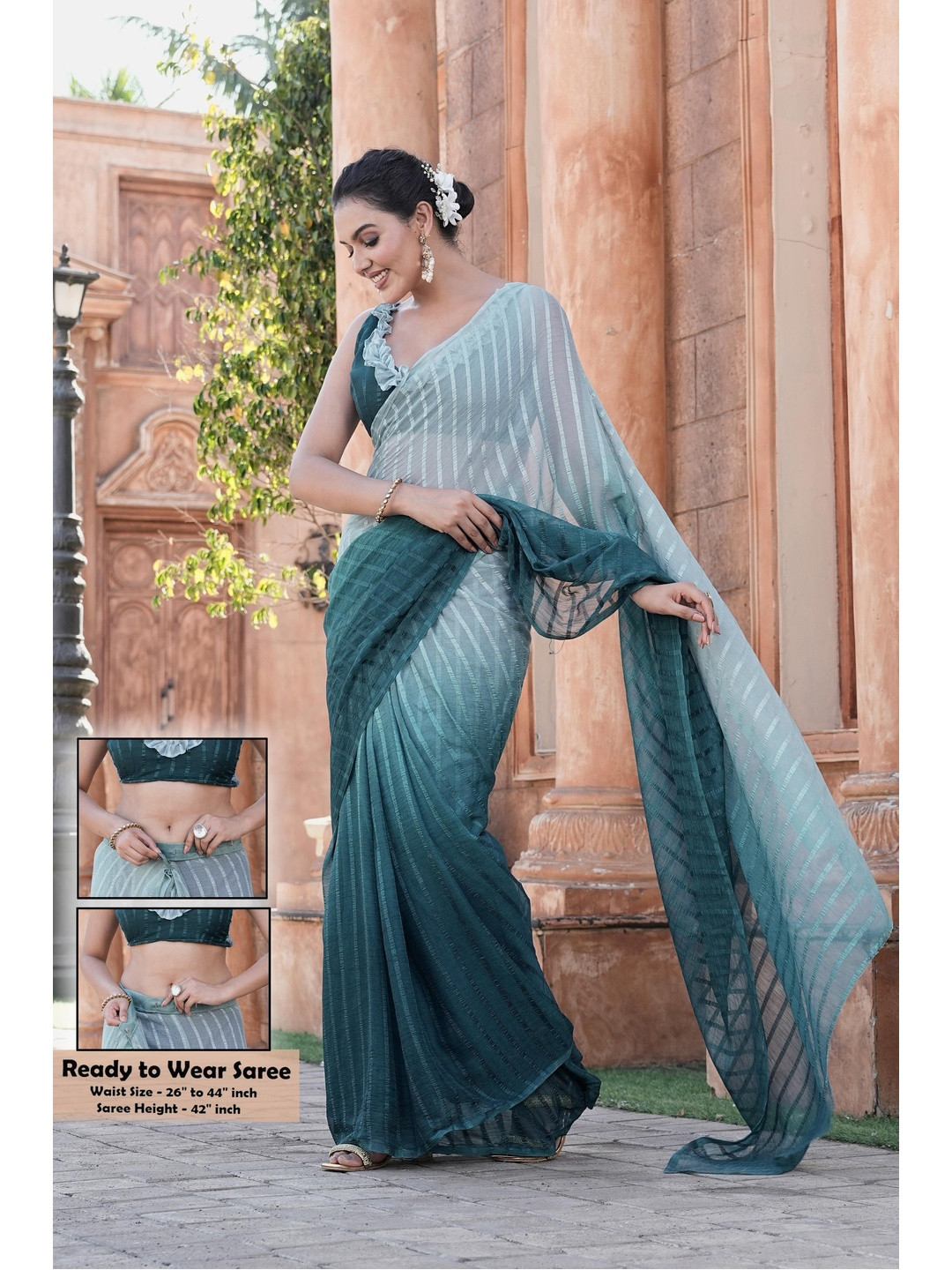 GHAN SALS Women Ombre Striped Baluchari Ready To Wear Saree
