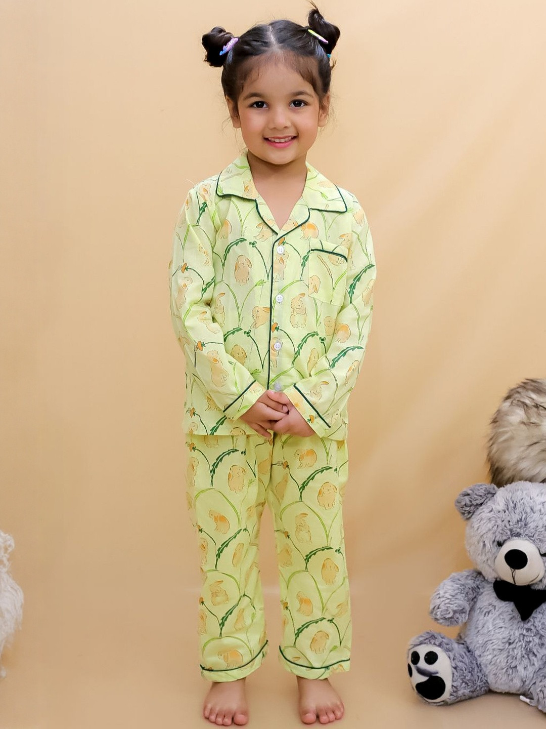 Sangria Kids Yellow & Green Printed Shirt Collar Cotton Shirt & Pyjama Night Suit
