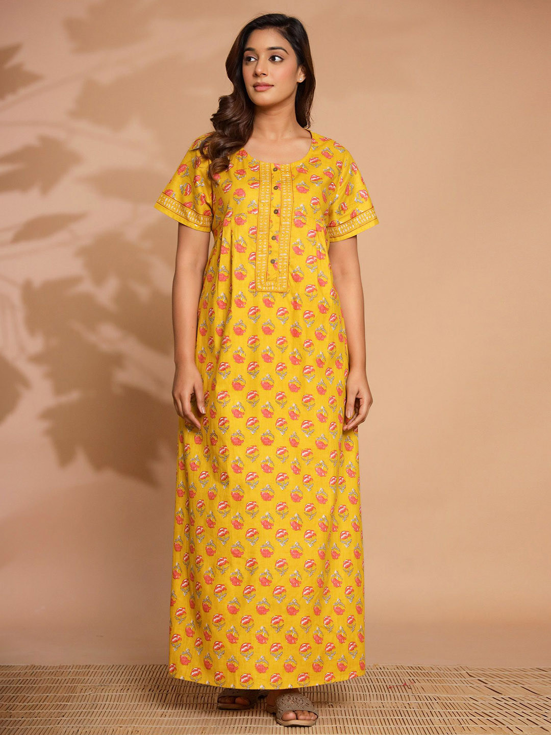 Nihsamah Women Yellow Cotton Printed Maxi Nightdress