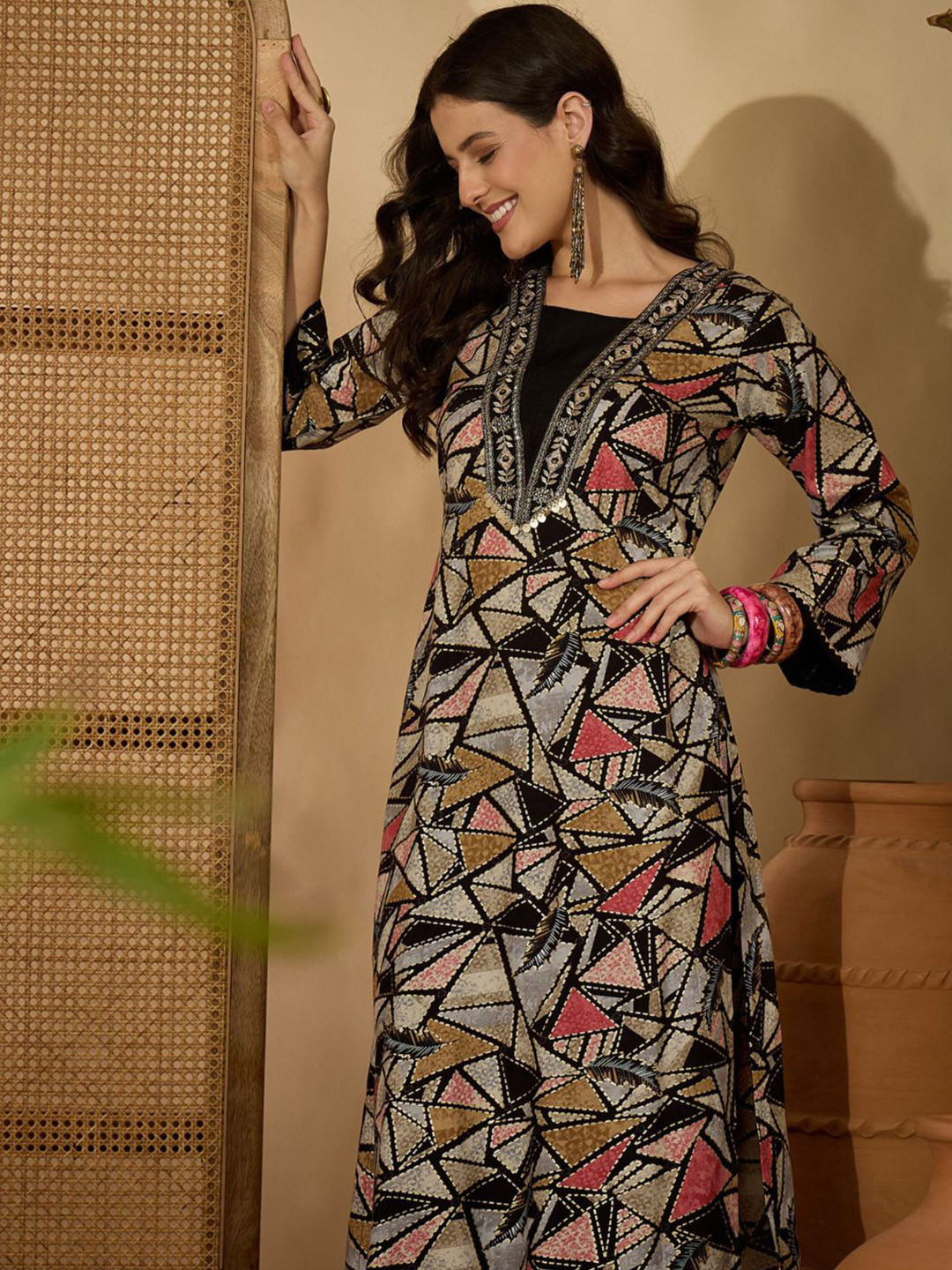 Sangria Abstract Print & Embroidered A-line Bell Sleeves Long Kurta
