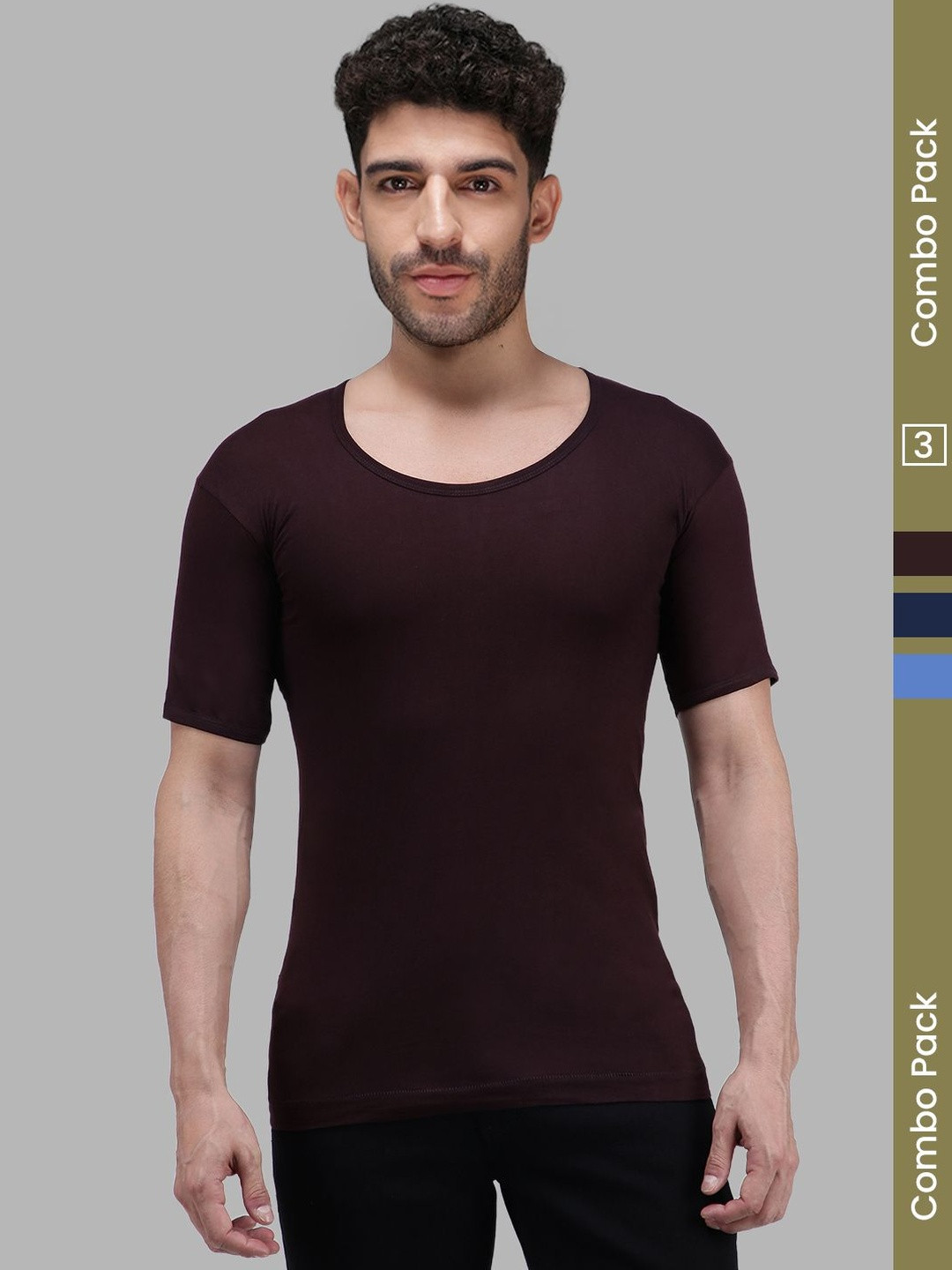 Amul Comfy Men Pack of 3 Multicolor Plain Cotton Vest With Sleeve