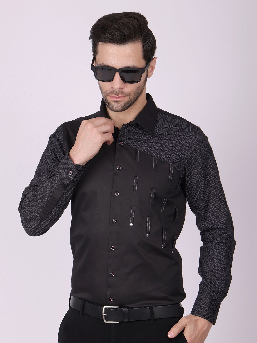 PIER 7 Regular Fit Modern Printed Cotton Panelled Party Shirt