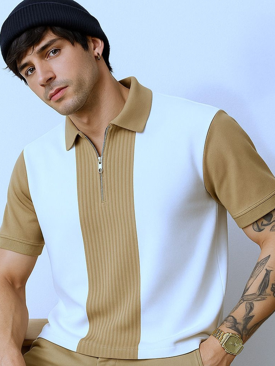 Try This Men Colourblocked Polo Collar Short Sleeve T-shirt