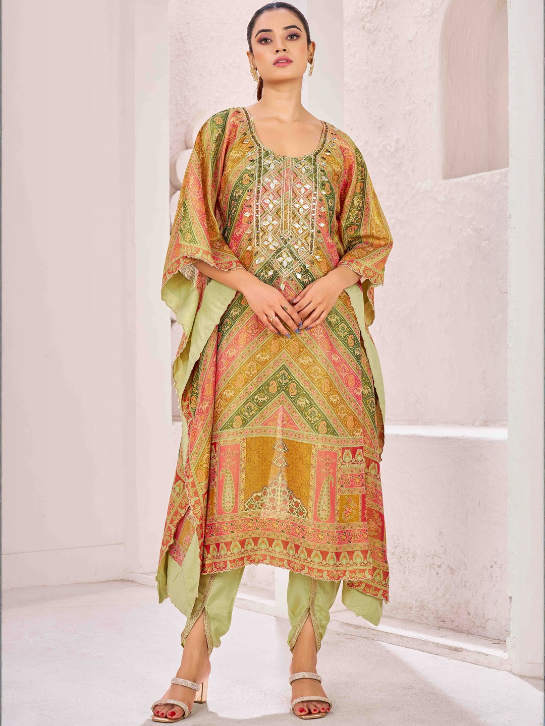 IOLY Floral Printed Mirror Work Tissue Kaftan With Dhoti Pants