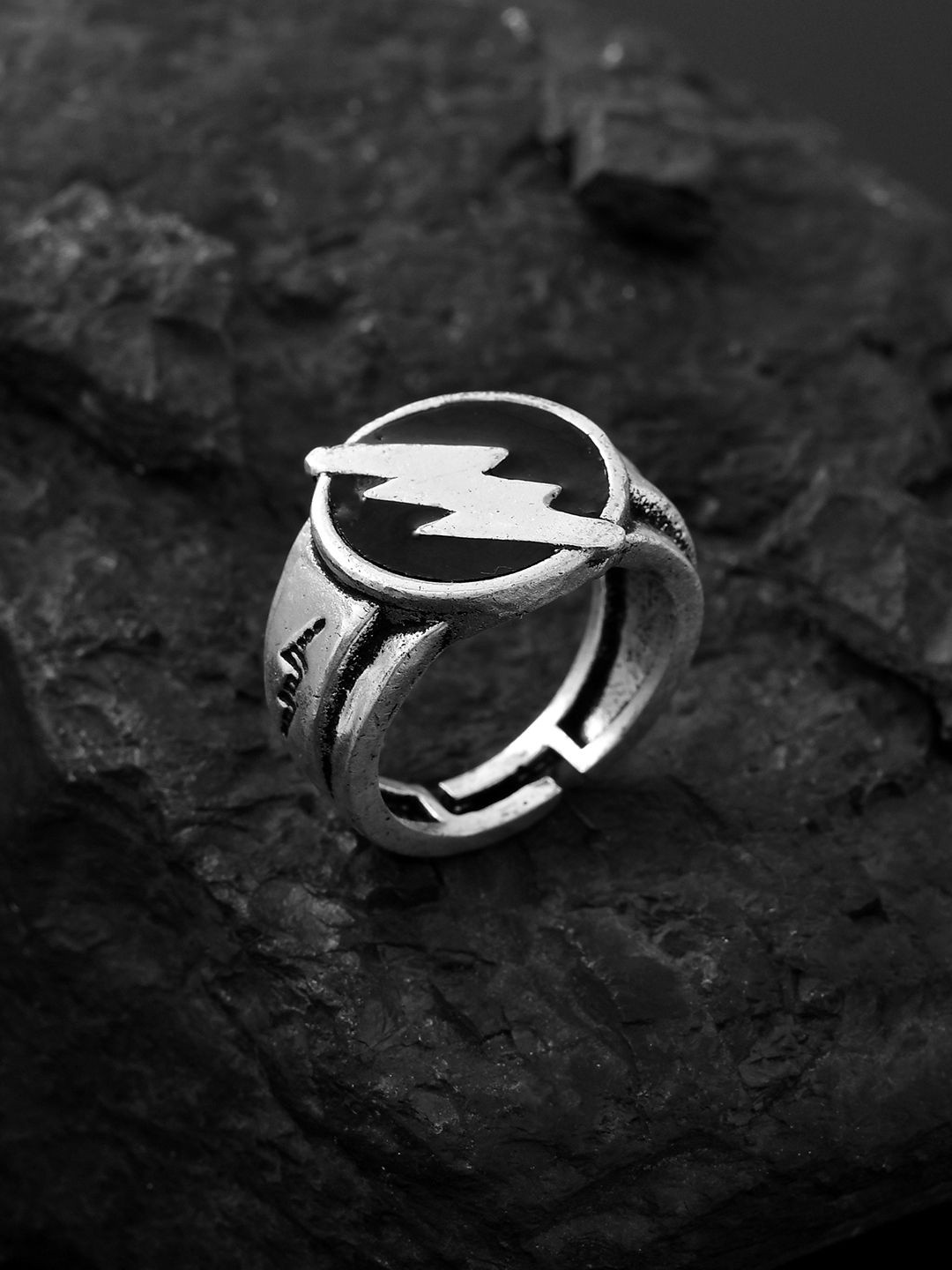 Voylla Men Silver-Plated Statement Thunderbolt Oxidised Adjustable Finger Ring