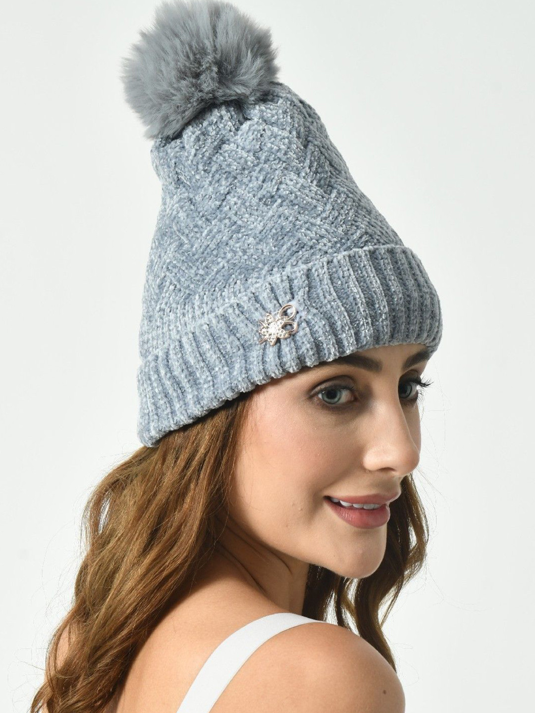 Poftik Women Self Design Woollen Beanie with Pompom on Top