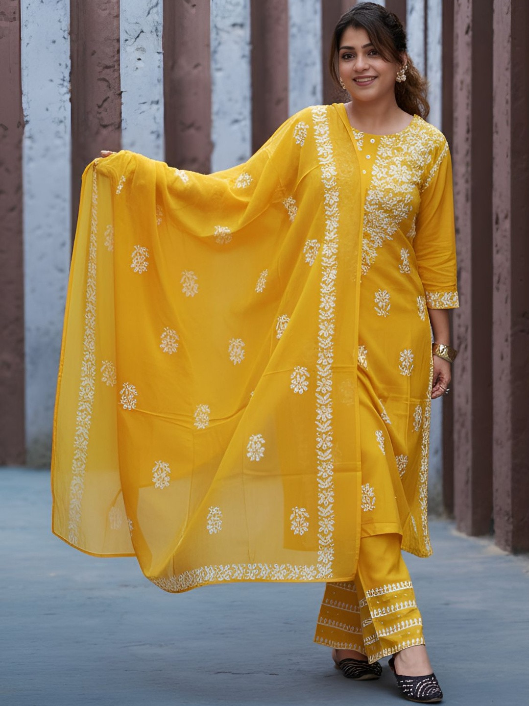 YASH GALLERY Women Rayon Printed Round Neck Chikankari Motifs Kurta With Dupatta & Palazzo