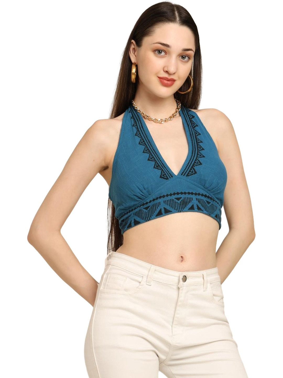 GALE GIRLS Women Tribal Embroidered Halter Neck Cotton Crop Top