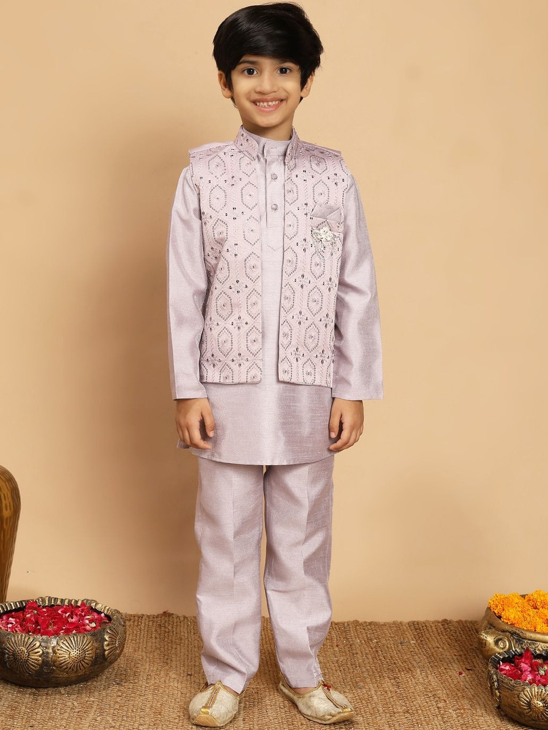 BT DEZINES Boys Mandarin Collar Long Sleeves Straight Kurta With Pyjamas & Jacket