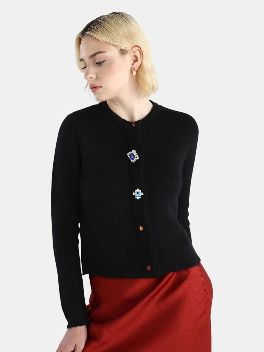 RAREISM Ries Women Round Neck Long Sleeve Cardigan with Embellished Detail