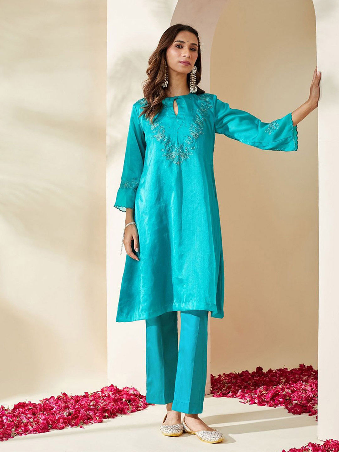 Mushio Women Floral Printed Festive Ruksaar Cotton A-Line Kurta