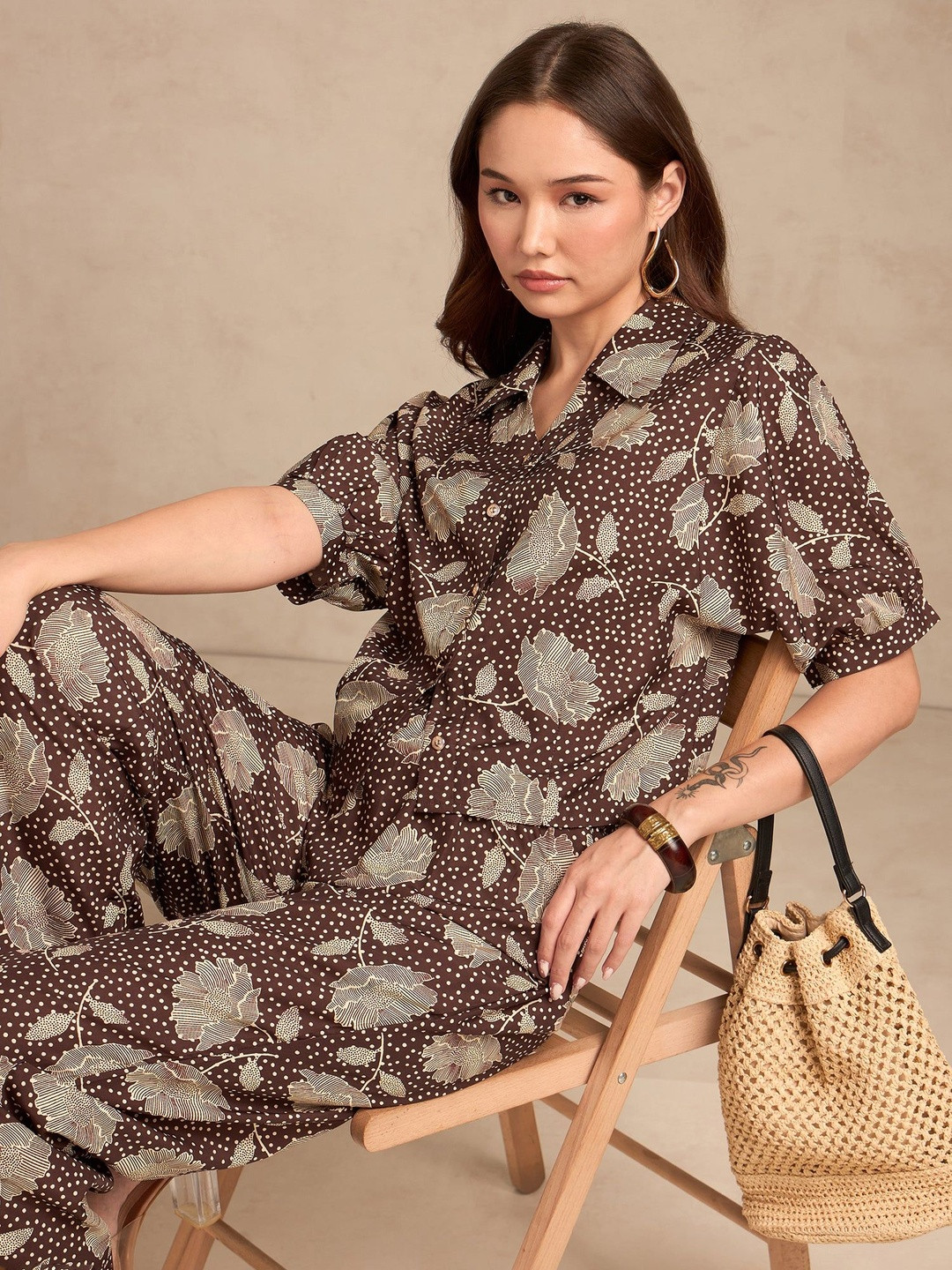 Outzid Floral Printed Shirt Collar Short Sleeves Shirt With Trousers