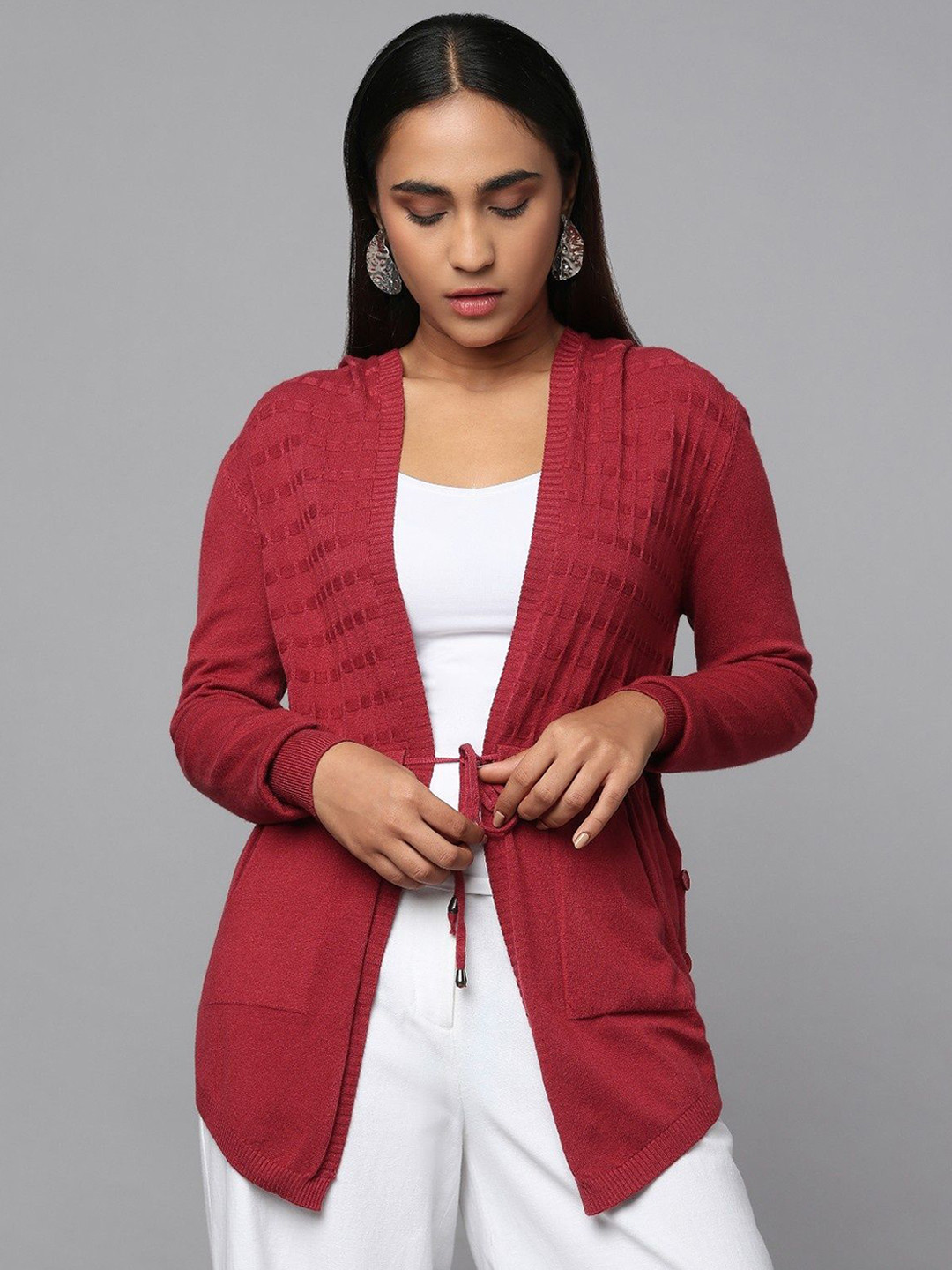Tamiska By Narendra Kumar Women Knit Hoodie Front-Open with Pockets