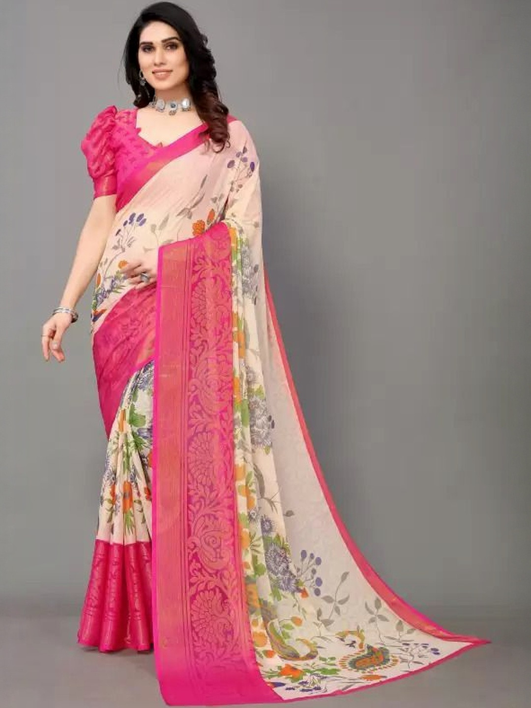 GHAN SALS Floral Printed Brasso Mysore Silk Saree With Blouse Piece