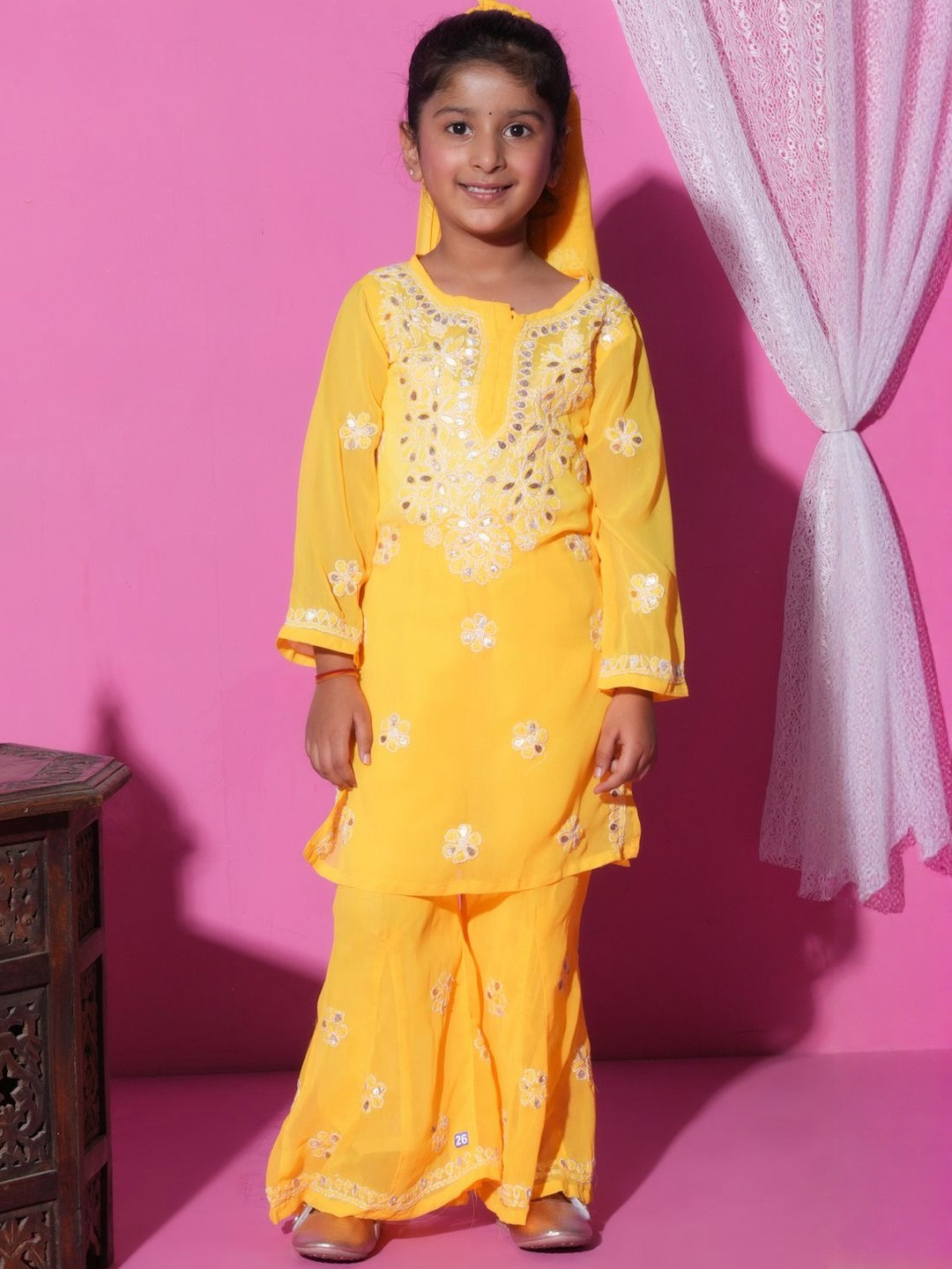 KHAKA Girls Floral Embroidered Kurta with Sharara & Dupatta