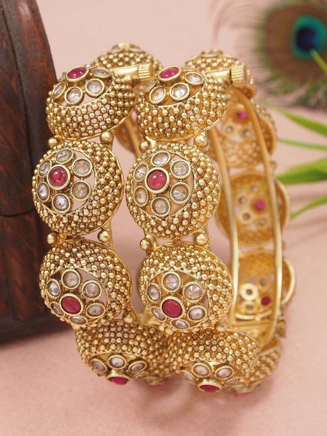 Anouk Women Set of 2 Gold-Plated Bangles with Stone and Pearls Detailing