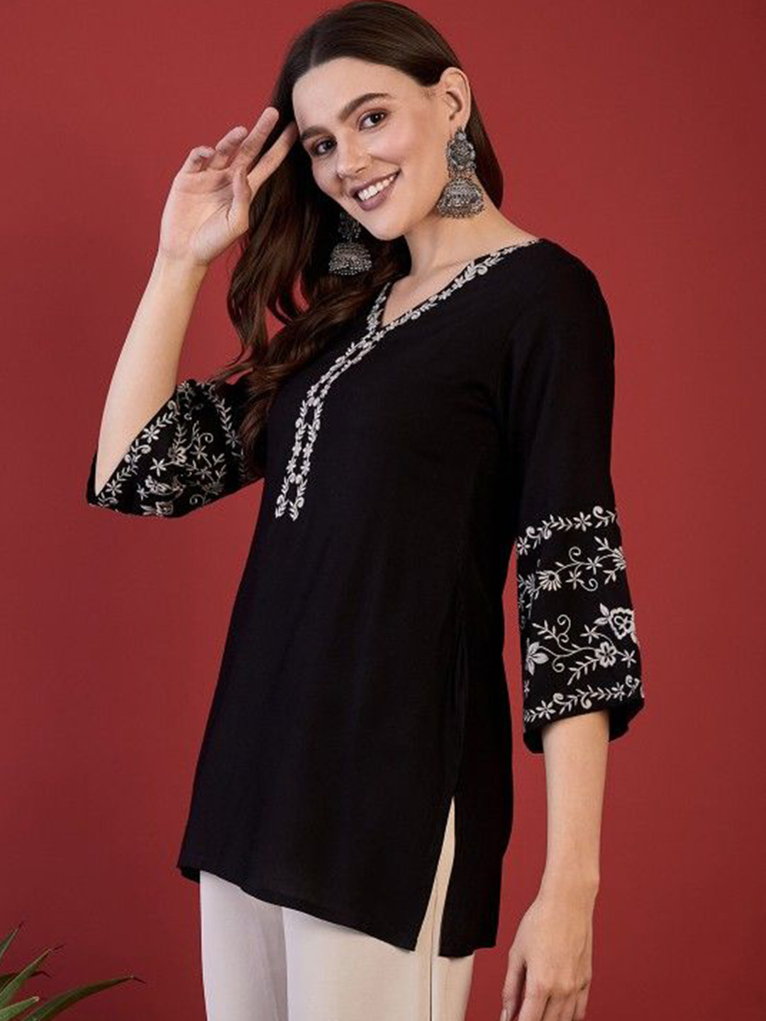 Mahiras Comfort Ethnic Motifs Embroidered V-Neck Monochrome Top