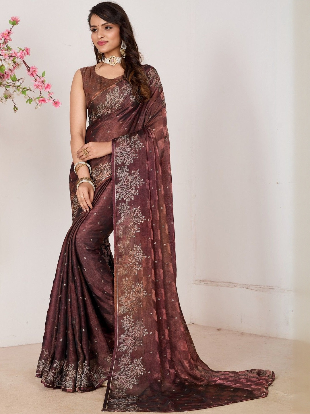 Mitera Ethnic Motifs Foil Printed Embroidered Beads & Stones Organza Heavy Work Saree