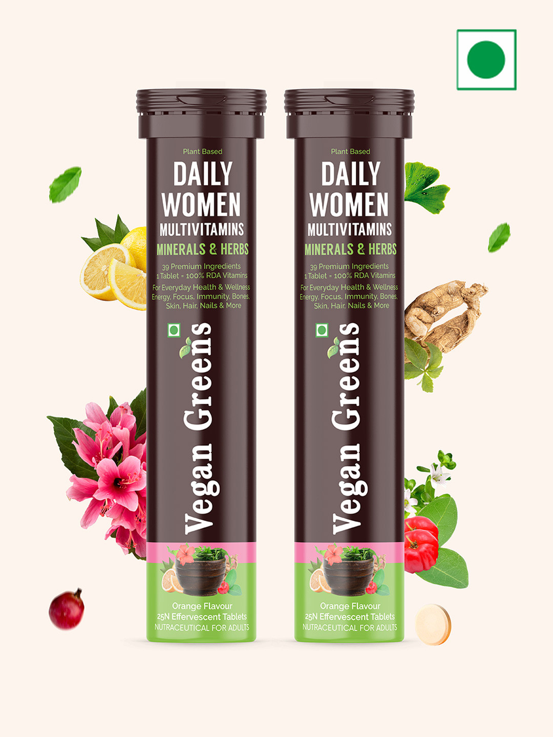 Vegan Greens Set Of 2 Daily Women Multivitamins - 25 Effervescent Tablets Each