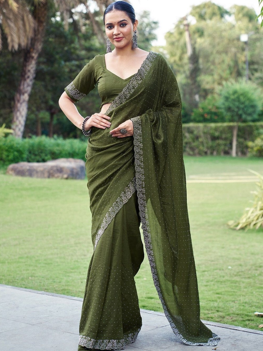 GHAN SALS Embellished Beads and Stones Ready to Wear Saree With Unstithced Blouse Piece