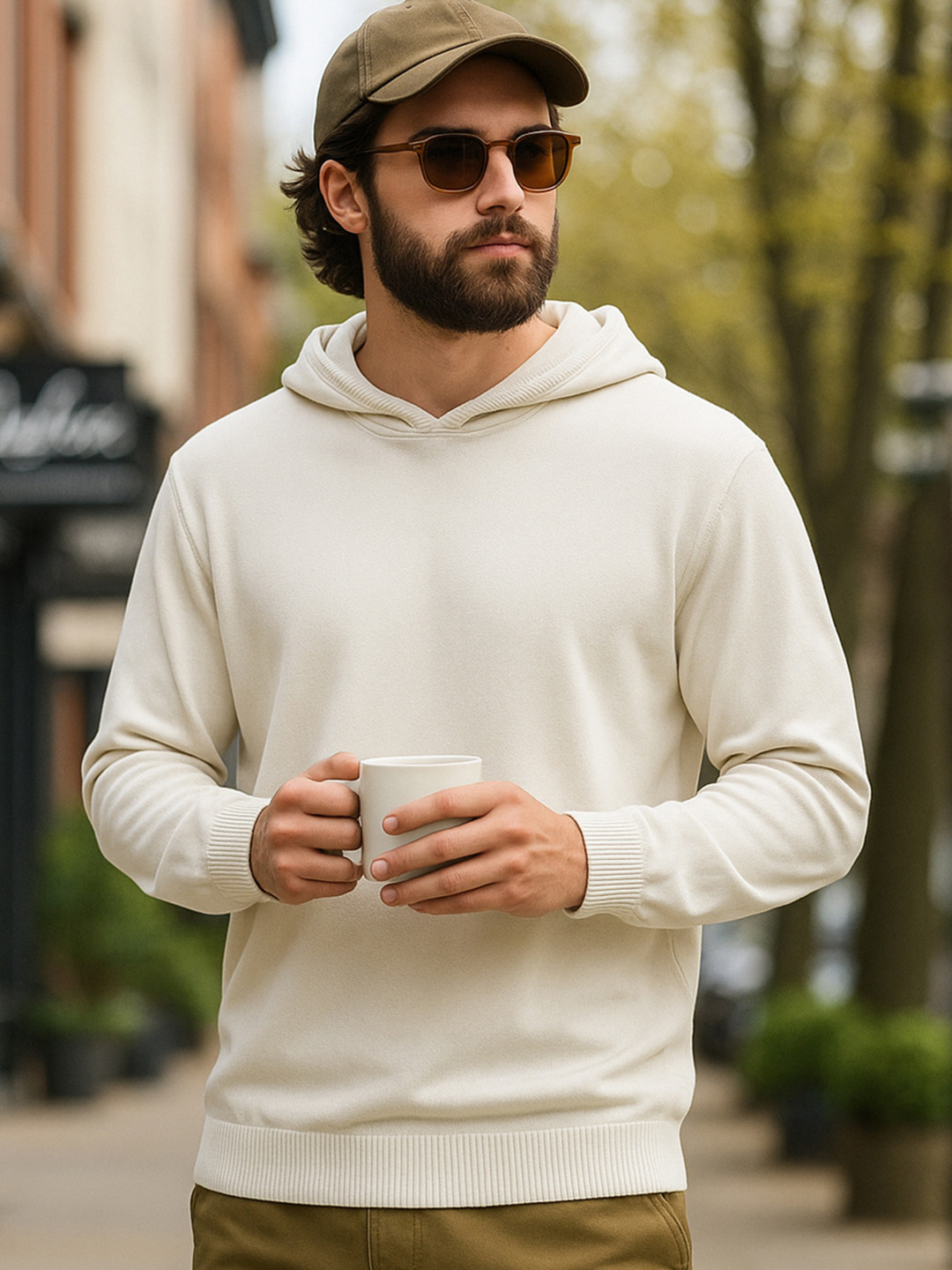Bewakoof Men  Beige Oversized Hooded Flatknit Sweater