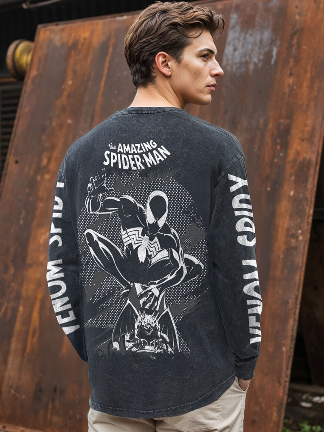 Bewakoof Spider-Man Printed Long Sleeves Oversized Acid Wash Pure Cotton T-shirt