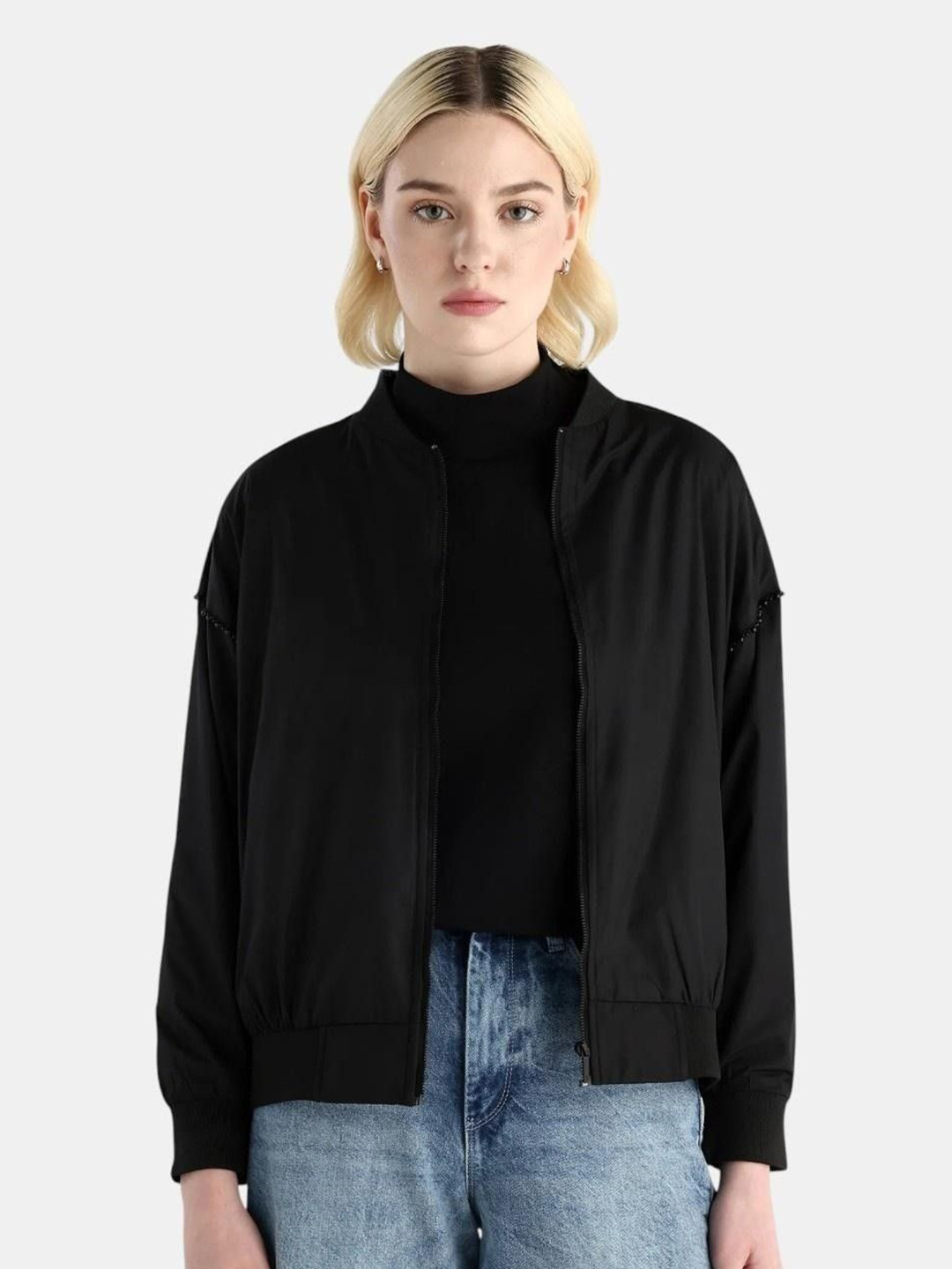 Rareism Women Polyester Rib Collar Boxy Plain Jacket